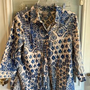 Chico's Blue and Cream Patterned Blouse